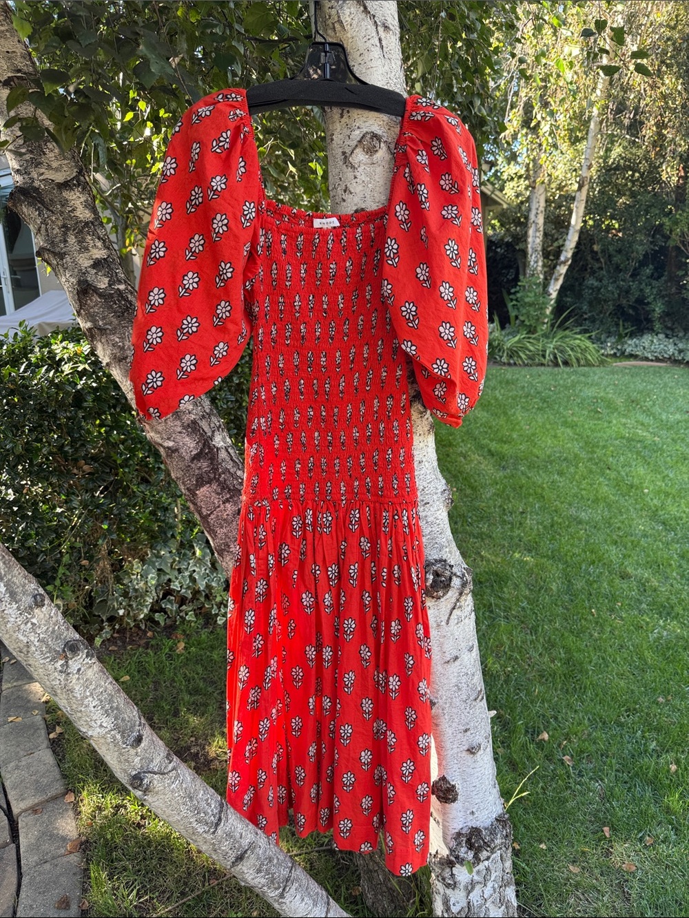 RHODE Red Floral Puff-Sleeve Smocked Midi Dress